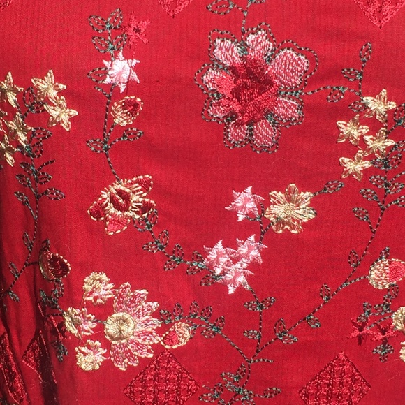 Embroidered Rich Red Floral Long Sleeve dress - Picture 3 of 6